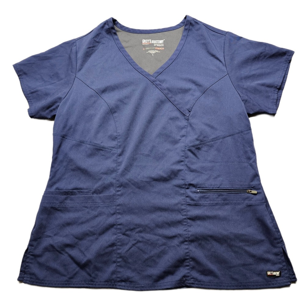 Grey's Anatomy by Barco Scrub Top Womens Large Navy Stretch Wrap V-Neck Pullover